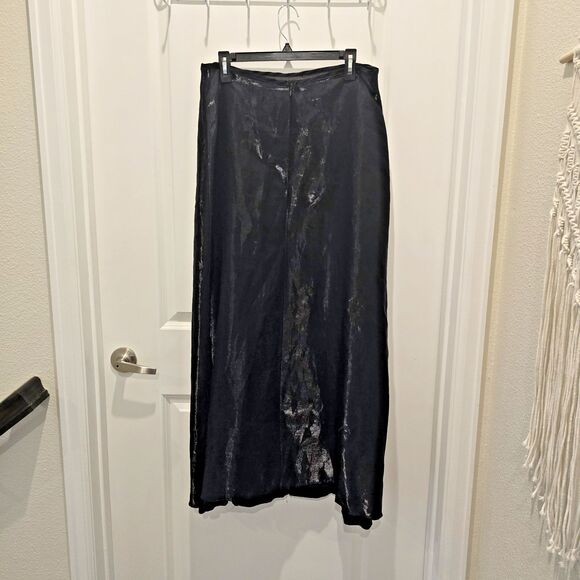 Fiesta Formal Sz XL Shiny Black Maxi Skirt Liquid Metal Dance Prom Party USA - Picture 2 of 9
